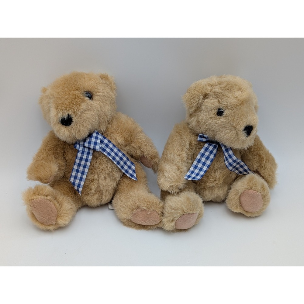 Child World Brown Bear Plush Checkered Bow Lot of 2 7 Inch Stuffed Animal Toy